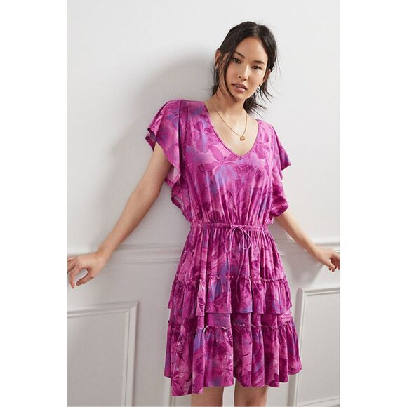 Anthro Daily Practice Tiered Ruffle Mini Dress Pink Purple YCX Print Small - Picture 1 of 14